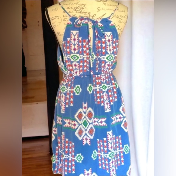 Baby Blue Mini Sundress Aztec Print Spaghetti Strap, Small EUC by Decapolis - Picture 3 of 11